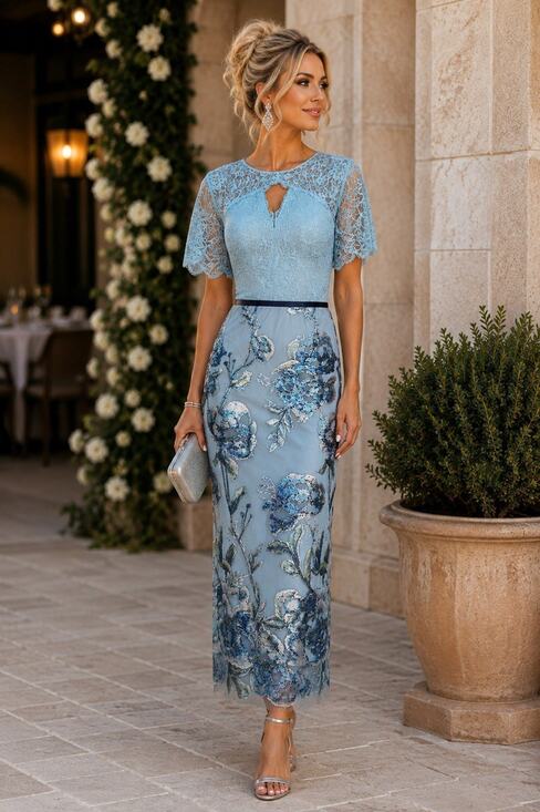 Flowers Dresses & Skirts - Marchesa Notte Blue Lace & Floral Sequin Embellished Midi Sheath Dress 18 NWT